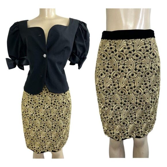 Vintage PEGGY JENNINGS Gold Floral Print Pencil Skirt Size M - Picture 1 of 4